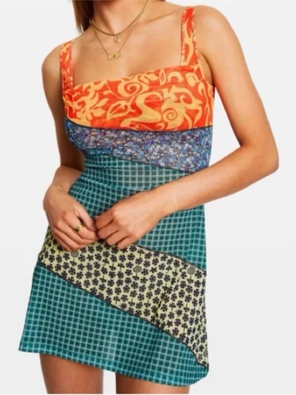 Miaou x Paloma Elsesser Mesh Mini Dress in Orange and Teal Pattern
